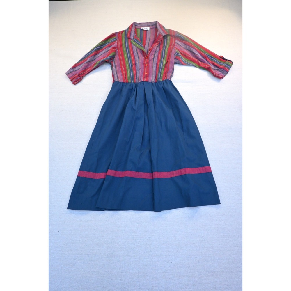 Petites by R&K Vintage Womens Cotton Multi Stripe Dress Blue Full Skirt Flowing